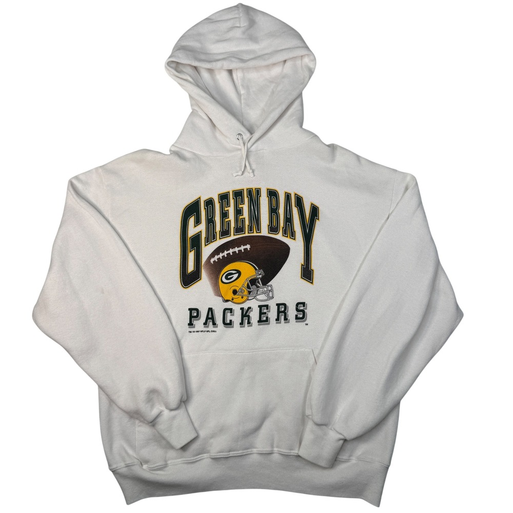 Vintage Green Bay Packers Jerzees Tag Hoodie Large White 1997 NFL Football Mens
